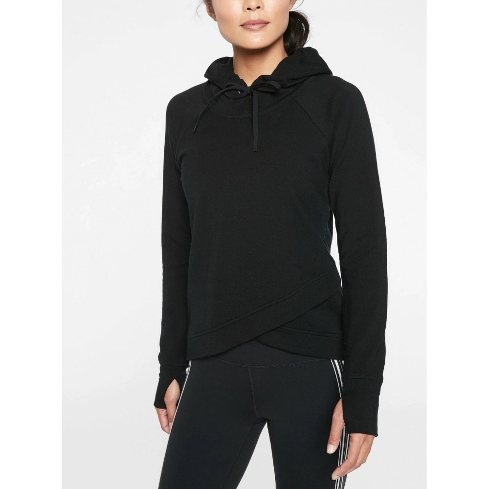 Athleta Hoodie Pinnacle Criss Cross Sweatshirt Women L Black Crossover Thumbhole